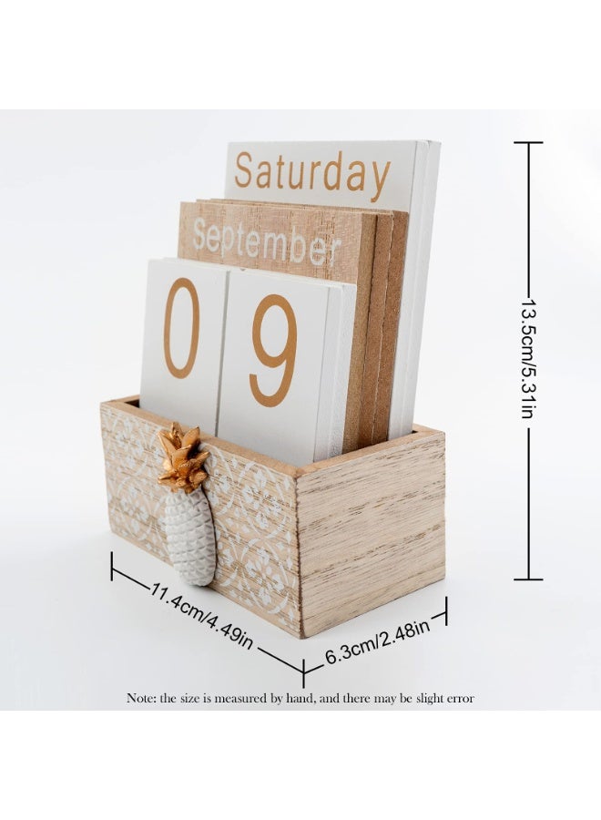 Vintage Wood Block Perpetual Calendar Month Week Date Display for Home Office Desk Rustic Decoration, Brown pineapple - Image 4